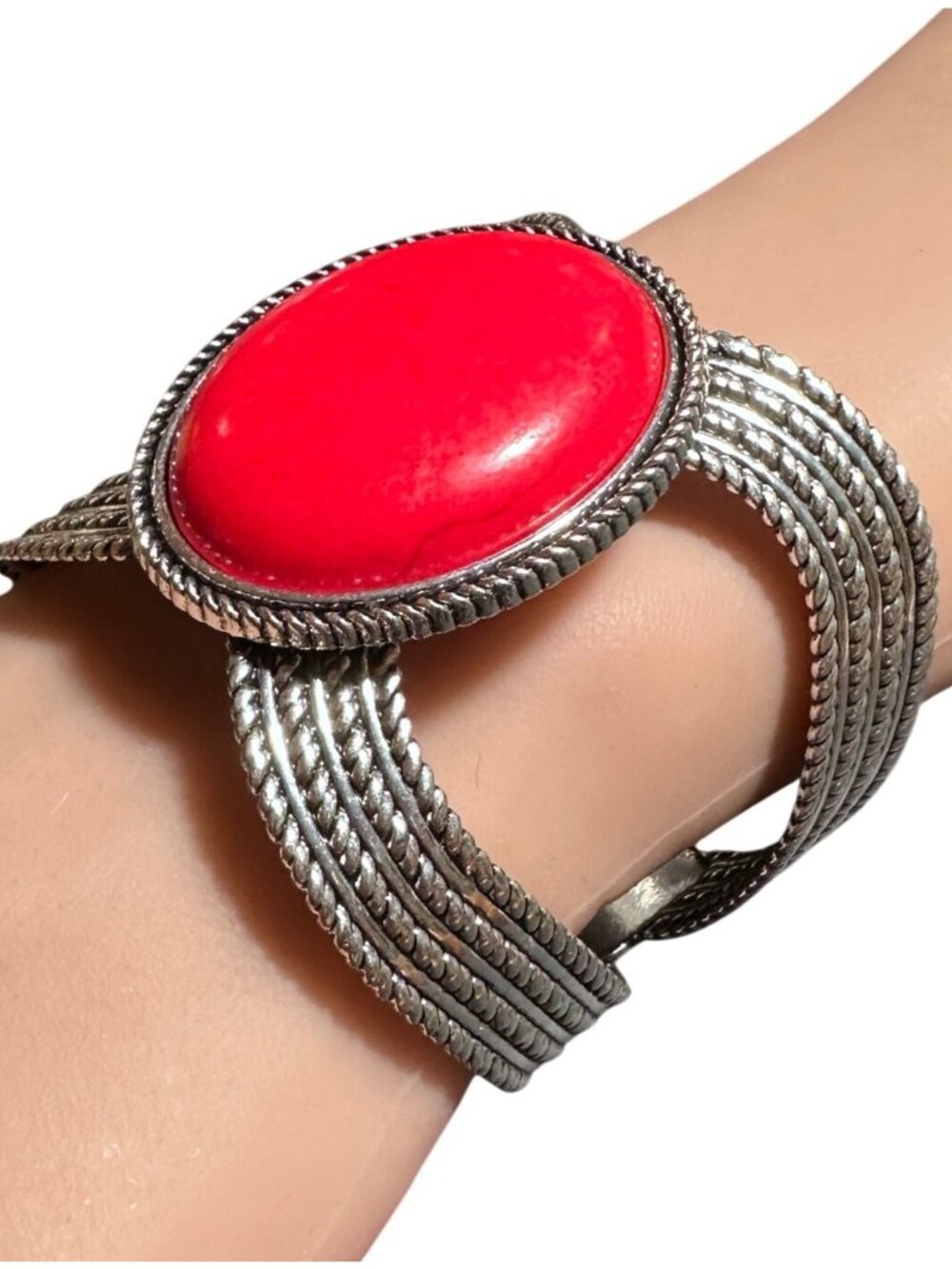 Boho Cuff Bracelet Silver Tone Red Stone Center Womens Costume Jewelry NWOT